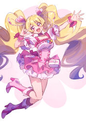 1girl \m/ blonde_hair boots bow breasts choker cleavage clover clover_brooch collarbone cure_peach dot_nose dress dress_bow earrings eyelashes four-leaf_clover fresh_precure! frilled_dress frilled_sleeves frills full_body hair_between_eyes hair_ornament heart heart_earrings heart_hair_ornament high_heel_boots high_heels jewelry kneehighs light_blush long_hair looking_at_viewer magical_girl momozono_love open_mouth outstretched_arm pink_background pink_boots pink_bow pink_choker pink_dress pink_eyes pink_socks pink_theme precure puffy_short_sleeves puffy_sleeves serizawa_serizane short_dress short_sleeves smile socks solo square_neckline tareme twintails twitter_username two-tone_background very_long_hair waist_bag wavy_hair white_background white_bag white_sleeves wrist_bow wristband