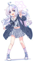 1girl backpack bag bag_charm black_jacket black_neckerchief blue_archive blue_hair blush charm_(object) commentary_request full_body grey_skirt hair_between_eyes hair_ornament halo highres jacket karahai_(31448823) long_hair long_sleeves looking_at_viewer multiple_girls navel neckerchief open_clothes open_jacket open_mouth pink_hair pleated_skirt purple_eyes reisa_(blue_archive) sailor_collar school_uniform serafuku shoes simple_background skirt sneakers socks solo standing star_(symbol) star_hair_ornament striped_clothes striped_socks stuffed_animal stuffed_toy twintails v white_background white_sailor_collar