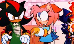 ._. 1girl 2boys 98chao amy_rose apron black_eyes commentary cooking english_commentary fire flour furry furry_female furry_male gloves highres humanoid_robot indoors metal_sonic multiple_boys red_eyes refrigerator robot shadow_the_hedgehog sonic_(series) white_gloves yellow_eyes