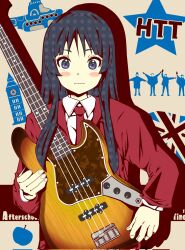 1girl akiyama_mio bass_guitar black_hair blush_stickers corrupted_twitter_file highres holding holding_bass_guitar holding_instrument instrument jacket k-on! laika2slip long_hair looking_at_viewer necktie purple_eyes red_jacket red_necktie shirt solo the_beatles wavy_mouth white_shirt yellow_submarine