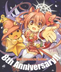 1girl angel angel_wings anniversary brown_hair emil_chronicle_online hair_ribbon halo highres miniskirt outstretched_arm rakisuke red_ribbon ribbon skirt star_(symbol) stella_lore stuffed_animal stuffed_toy teddy_bear wings