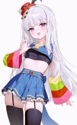 1girl bandages black_bandages black_thighhighs blue_shirt blue_skirt clothes_lift commission cowboy_shot crop_top frilled_skirt frills fymrie garter_straps hat high-waist_skirt highres korean_clothes lifting_own_clothes long_hair long_sleeves looking_at_viewer midriff miniskirt open_mouth original pleated_skirt purple_eyes red_hat sarashi see-through_clothes see-through_sleeves shirt shirt_lift skindentation skirt smile solo sweat sweatdrop thighhighs very_long_hair white_hair zettai_ryouiki