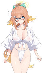 1girl absurdres ahoge alternate_costume alternate_hairstyle black-framed_eyewear blonde_hair blue_archive blue_eyes blush bow breasts cleavage collarbone covered_erect_nipples feather_hair female_pubic_hair fundoshi glasses green_bow hair_bow hair_ornament hairclip halo highres japanese_clothes large_breasts long_hair long_sleeves looking_at_viewer mizu_happi multicolored_hair navel open_mouth orange_hair plaid_bow ponytail pubic_hair pubic_hair_peek see-through_clothes shimiko_(blue_archive) shirt sidelocks simple_background solo sweat tansui_san_(tcjp4784) textless_version thighs tied_shirt very_long_hair white_background white_shirt wide_sleeves yellow_halo