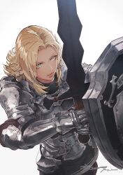 1girl armor blonde_hair breastplate cowboy_shot final_fantasy final_fantasy_xiv gauntlets gladiator_(final_fantasy) green_eyes hair_rings highres holding holding_shield holding_sword holding_weapon hyur medium_hair mugi_kosuta mylla_swordsong pauldrons shield shoulder_armor signature simple_background solo standing sword weapon white_background