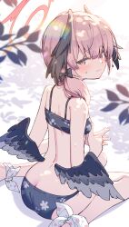 Rule 34 | 1girl, ankle bow, ankle ribbon, bikini, black bikini, black bow, black wings, blue archive, blush, bow, closed mouth, commentary, feathered wings, floral print, floral print bikini, from behind, hair bow, halo, head wings, highres, koharu (blue archive), koharu (swimsuit) (blue archive), long hair, looking at viewer, looking back, low wings, official alternate costume, pink eyes, pink hair, print bikini, red halo, ribbon, sitting, solo, swimsuit, twintails, wariza, wings, zoirun