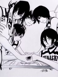 5girls blush cellphone chainsaw_man guglielmo higashiyama_kobeni highres himeno_(chainsaw_man) imminent_handjob looking_at_viewer monochrome multiple_girls nayuta_(chainsaw_man) phone pov reze_(chainsaw_man) smile source_request yoshida_hirofumi