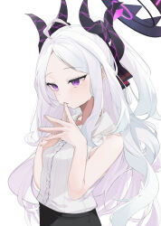 1girl absurdres ahoge black_halo black_skirt blue_archive blush demon_girl demon_horns halo highres hina_(blue_archive) horns long_hair looking_at_another mimizuku_(mmiganaru) purple_eyes shirt simple_background skirt solo white_background white_hair white_shirt