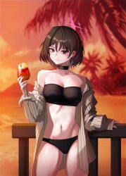 1girl absurdres bandeau bare_shoulders bikini black_choker blue_archive breasts choker cowboy_shot cup drinking_glass hair_between_eyes halo highres holding holding_cup long_sleeves looking_at_viewer medium_breasts misaki_(blue_archive) misaki_(swimsuit)_(blue_archive) navel ocean off_shoulder open_clothes outdoors palm_tree railing rake_autumn red_eyes short_hair sky smile solo standing stomach strapless sunset swimsuit thighs tree tube_top