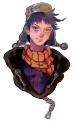 1boy aviator_cap baiyishaonian_huam blue_hair bomber_jacket hat jacket jojo_no_kimyou_na_bouken joseph_joestar joseph_joestar_(young) male_focus scarf solo zipper