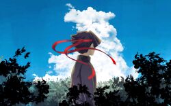 absurdres ace_attorney black_hair black_suit cloud formal_clothes headband highres japasu kazuma_asogi plant red_headband sky suit the_great_ace_attorney