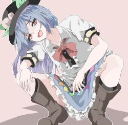 1girl black_hat blue_hair boots bow bowtie commentary_request hat head_tilt highres hinanawi_tenshi kakineko long_hair open_mouth peach_hat_ornament pink_background red_bow red_bowtie red_eyes shirt short_sleeves simple_background solo squatting touhou white_shirt