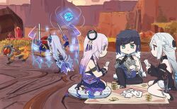 4girls :| armlet battle black_hair blue_hair blue_skin chibi chibi_only citlali_(genshin_impact) closed_mouth colored_skin detached_sleeves diagonal_bangs dress dual_wielding energy_barrier energy_shield fingerless_gloves gameplay_mechanics genshin_impact gloves green_eyes grey_hair hair_ornament health_bar highres holding holding_sword holding_weapon jacket jacket_on_shoulders jewelry leotard light_smile long_hair medium_hair multicolored_hair multicolored_skin multiple_girls official_alternate_costume on_pillow outdoors pantyhose pillow pink_hair purple_hair shenhe_(frostflower_dew)_(genshin_impact) shenhe_(genshin_impact) sitting sitting_on_pillow skirk_(genshin_impact) smile sword two-tone_hair two-tone_skin very_long_hair weapon xinzoruo yelan_(genshin_impact)