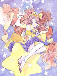 1girl :o absurdly_long_hair amanogawa_kirara armpits bare_shoulders blunt_bangs boots bow bowtie coattails commentary_request cure_twinkle detached_collar detached_sleeves dot_nose dress earrings eyelashes floating_clothes floating_hair frilled_dress frilled_gloves frills full_body gloves go!_princess_precure gold_tiara hair_bow hair_ornament hair_scrunchie hand_up high_heel_boots high_heels jewelry lips long_hair looking_at_hand low_twintails magical_girl orange_hair parted_lips petticoat pink_lips precure purple_background purple_bow purple_bowtie purple_eyes scrunchie shadow short_dress sitting solo star_(symbol) star_earrings star_hair_ornament star_symbol_background stiletto_heels strapless strapless_dress thigh_boots traditional_media twintails two_side_up very_long_hair wavy_hair white_boots white_gloves yellow_bow yellow_collar yellow_dress yellow_scrunchie yellow_sleeves yowoshinobukarinosugata