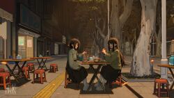 1girl 2girls absurdres aoqun black_hair black_skirt bowl chinese_clothes chinese_commentary chopsticks city closed_eyes closed_mouth commentary_request eating elf folding_table food hanfu highres holding holding_chopsticks horns hua_ming_wink long_hair long_skirt long_sleeves multiple_girls napkin on_stool original outdoors pointy_ears profile scenery shoes shop short_hair single_horn sitting skirt slice_of_life sneakers steam stool table tactile_paving tree urban watermark white_footwear wide_sleeves