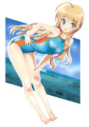1girl :o bad_feet barefoot bent_over blonde_hair blue_eyes competition_swimsuit female_focus konoe_subaru long_hair mashinatsu mayo_chiki! one-piece_swimsuit open_mouth reiji-sss solo swimsuit