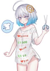 1girl absurdres ahoge blue_hair blue_nails bottomless chestnut_mouth chinese_commentary chiyanbonsaibox clenched_hand cloud_hair_ornament cloud_horizon collarbone commentary_request cowboy_shot gluteal_fold gradient_eyes gradient_hair grey_hair hand_up highres holding holding_scissors like_and_retweet looking_at_viewer multicolored_eyes multicolored_hair naked_shirt parted_lips purple_eyes scissors shirt simple_background single_bare_shoulder slipping solo speech_bubble spoken_object sweatdrop text_print twitter_cutting_game twitter_strip_game ubye variant_set virtual_youtuber white_background white_shirt yellow_eyes