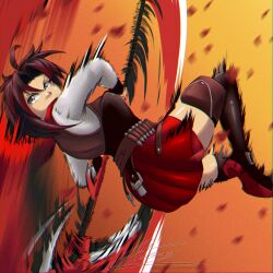 1girl ahoge ammunition_belt black_boots black_hair boots bullet clip_studio_paint_(medium) crescent_rose eyelashes grey_eyes highres holding holding_scythe holding_weapon long_sleeves medium_hair motion_blur multicolored_hair nytescar red_hair red_petals red_skirt ruby_rose rwby scythe skirt solo twitter_username two-tone_hair v-shaped_eyebrows watermark weapon web_address