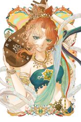 Rule 34 | 1girl, arm up, armlet, bare shoulders, border, bracelet, breasts, closed mouth, druvis iii, dunhuang style, green eyes, green shawl, green tube top, hagoromo, hair bun, hair ornament, hands up, highres, holding, holding instrument, instrument, jewelry, medium breasts, navel, necklace, official alternate costume, orange hair, ornate border, outside border, parted bangs, pipa (instrument), reverse:1999, seiiichannnn, shawl, short hair, smile, solo, strapless, tube top, upper body, white background