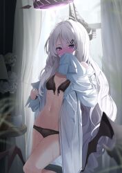 1girl absurdly_long_hair absurdres ahoge bare_shoulders black_bra black_horns black_panties blue_archive blush bra breasts covering_own_mouth cup curtains demon_girl demon_horns demon_wings embarrassed flower grey_hair hair_between_eyes hair_ornament hairclip half-closed_eyes halo hand_over_own_mouth hands_up highres hina_(blue_archive) horns inu_lin knee_up loli long_hair long_shirt long_sleeves looking_at_viewer low_wings mug multiple_horns navel open_bra open_clothes open_mouth open_shirt oversized_clothes oversized_shirt panties purple_eyes purple_halo rose shirt single_sleeve_past_fingers sleeves_past_fingers sleeves_past_wrists small_breasts solo standing stomach sunlight thighs underwear very_long_hair wet white_flower white_rose white_shirt window wings