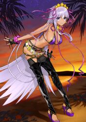 1girl bare_arms bare_shoulders bb_(fate) bb_(swimsuit_mooncancer)_(fate) bb_(swimsuit_mooncancer)_(second_ascension)_(fate) beach bead_bracelet beads belt bikini bikini_under_shorts black_gloves black_shorts black_thighhighs bracelet breasts brown_belt choker cleavage closed_mouth collarbone dark-skinned_female dark_skin earrings fate/grand_order fate_(series) fingerless_gloves fingernails full_body gloves hair_ribbon halterneck high_heel_sandals highleg highleg_bikini jewelry large_breasts leaning_forward legwear_garter long_hair long_ribbon long_sidelocks looking_at_viewer loose_belt micro_shorts multiple_belts navel no_socks official_art open_fly panty_straps pink_nails pink_ribbon platform_sandals purple_bikini purple_eyes purple_hair purple_sandals ribbon sandals shorts sideboob sidelocks single_sidelock smile solo star_(symbol) star_choker star_earrings star_hairband stirrup_legwear swimsuit thighhighs third-party_source toeless_legwear toenails v-shaped_eyebrows variant_set very_long_hair wada_arco white_belt