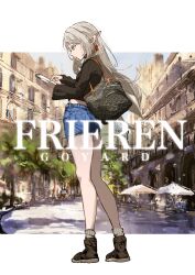 1girl bag blue_shorts cellphone frieren grey_hair handbag phone pointy_ears real_life road scenery shorts smartphone sousou_no_frieren standing street t.k.c