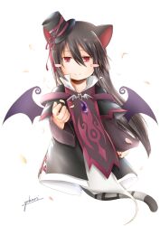 Rule 34 | 1girl, animal ears, artist name, bat wings, black dress, black hair, black hat, blush stickers, cat ears, cat girl, cat tail, dress, emil chronicle online, ghost girl, ghost tail, hat, highres, jewelry, long hair, nekomata, nekomata kuro, pendant, red eyes, tail, white background, wings, yukuri
