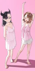 2girls 987645321o :d armpits bare_shoulders barefoot black_hair blush brown_hair closed_eyes collarbone creatures_(company) dress full_body game_freak gloria_(pokemon) green_eyes highres looking_at_viewer marnie_(pokemon) multiple_girls nintendo open_mouth pink_background pink_dress pokemon pokemon_swsh shadow shorts simple_background smile standing stretching white_shorts