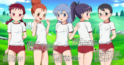 Rule 34 | 5girls, akane (goldmondsel), black eyes, black hair, blue eyes, blue hair, brown eyes, brown hair, chiyako (goldmondsel), goldmondsel, gym uniform, kaede, lolis yagai gasshuku rpg!, momachan, multiple girls, original, purple eyes, purple hair, red eyes, red hair, urami (goldmondsel)