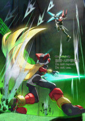2boys android armor battle blonde_hair energy_sword forehead_jewel glowing glowing_eyes helmet hidden_phantom_(mega_man) holding holding_sword holding_weapon kunai long_hair male_focus mega_man_(series) mega_man_zero_(series) midair multiple_boys ninja red_armor red_eyes red_helmet sword watermark weapon yamanashi_taiki z_saber zero(z)_(mega_man) zero_(mega_man)