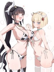 2girls absurdres alternate_costume animal_ears animal_print bell bikini black_hair blonde_hair blue_choker blue_eyes blunt_bangs blush breast_press breasts choker cleavage commentary cow_ears cow_horns cow_print cow_tail cowbell eyelashes fake_animal_ears fake_horns fake_tail fang goat_ears goat_horns goat_tail hair_ornament heart highres holding_hands horns large_breasts long_hair looking_at_viewer magadori_kyoshika multiple_girls neck_bell oosuzuki_kurara open_mouth pakimoti ponytail short_hair side-tie_bikini_bottom simple_background skin_fang small_breasts swimsuit tail the_hundred_line_-last_defense_academy- thighhighs very_long_hair white_background white_bikini
