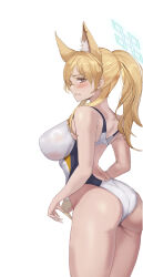 Rule 34 | 1girl, animal ear fluff, animal ears, ass, bare shoulders, blonde hair, blue archive, blue eyes, blue halo, blush, breasts, competition swimsuit, covered erect nipples, dog ears, dog girl, extra ears, hair over one eye, halo, highleg, highleg one-piece swimsuit, highres, kanna (blue archive), kanna (swimsuit) (blue archive), large breasts, long hair, looking at viewer, notched ear, official alternate costume, one-piece swimsuit, ponytail, rbtmd22, sharp teeth, simple background, smile, solo, standing, swimsuit, teeth, thighs, very long hair, whistle, whistle around neck, white background, white one-piece swimsuit