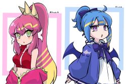 Rule 34 | 2girls, 3zukie, ahoge, alternate hairstyle, blue bow, blue hair, blue jacket, blush, bow, breasts, crop top, demon girl, demon wings, dress, duel monster, green eyes, hair between eyes, jacket, ki-sikil (yu-gi-oh!), lil-la (yu-gi-oh!), live twin ki-sikil, live twin lil-la, long hair, looking at viewer, medium breasts, midriff, multiple girls, navel, open clothes, open jacket, open mouth, pink hair, pink jacket, ponytail, purple eyes, short hair, stomach, twitter username, white dress, wings, yu-gi-oh!