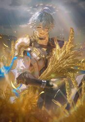 1boy :d antenna_hair armor artist_name black_choker black_shirt blue_cape cape choker closed_eyes coat hashtag-only_commentary highres holding_wheat honkai:_star_rail honkai_(series) male_focus ming_zhentan_allk open_mouth parted_bangs pauldrons phainon_(honkai:_star_rail) shirt short_hair shoulder_armor single_pauldron smile solo wheat_field white_coat white_hair