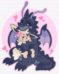 1boy 1girl absurdres artist_name black_scales black_sclera brown_eyes cloudycoma colored_sclera commentary cuddling dragon dragonite eevee fakemon flower gen_1_pokemon grey_fur grey_scales hair_flower hair_ornament hand_on_another&#039;s_head heart heart-shaped_pupils highres hug looking_down nintendo no_humans one_eye_closed pink_flower pokemon pokemon_(creature) purple_eyes signature sitting sitting_on_lap sitting_on_person size_difference smile spikes symbol-shaped_pupils twitter_username wings