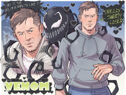 2boys alien blue_eyes blue_pants border brown_hair character_name closed_mouth colored_speech_bubble commentary drawstring eddie_brock english_text forked_eyebrows grey_hoodie heart highres hood hood_down hoodie kalamari male_focus marvel multiple_boys no_pupils open_clothes open_shirt pants shirt speech_bubble spider-man_(series) symbiote symbol-only_commentary t-shirt tendril undershirt venom_(marvel) white_border white_eyes white_shirt yaoi