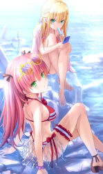 Rule 34 | 2girls, aikawa megumi, back, barefoot, bead bracelet, beads, bikini, blonde hair, bracelet, breasts, brown footwear, cellphone, commentary request, earrings, eating, eyewear on head, food, from behind, goto p, green eyes, hair between eyes, half updo, heart, heart-shaped eyewear, heaven burns red, highres, holding, holding food, holding phone, holding popsicle, jacket, jacket on shoulders, jewelry, knees to chest, knees up, long hair, looking at viewer, medium breasts, multiple girls, parted lips, phone, pink hair, pink jacket, popsicle, red bikini, sandals, sidelocks, smartphone, sunglasses, swimsuit, thigh strap, toujou tsukasa, two side up, yellow-framed eyewear