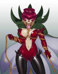 1girl absurdres blonde_hair bodysuit boots braid braided_ponytail breasts cape chest_jewel cleavage digimon facing_viewer feblurry flower gloves gradient_background green_cape grey_background highres jewelry large_breasts lips lipstick long_hair low_neckline makeup mask mask_on_head midriff navel red_bodysuit red_gloves rose rosemon shiny_clothes sleeveless thigh_boots thorns tifaret_(digimon) toned toned_stomach two-tone_cape whip white_background white_cape