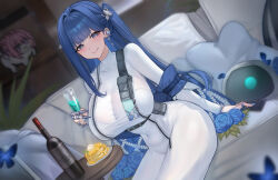 Rule 34 | 1girl, absurdres, arcana (nikke), blue eyes, blue hair, blush, bodysuit, breasts, cup, doro (nikke), dorothy (nikke), drinking glass, goddess of victory: nikke, highres, kiyoi (gyhw8444), large breasts, long hair, looking at viewer, side ponytail, smile, solo focus, white bodysuit