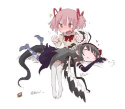 akemi_homura akuma_homura argyle_clothes argyle_pantyhose black_hair black_sleeves black_wings blush buivi closed_eyes closed_mouth detached_sleeves full_body gem kaname_madoka lizard_tail long_hair lying_on_lap mahou_shoujo_madoka_magica mitakihara_school_uniform open_mouth pink_eyes pink_hair purple_gemstone reptile_girl school_uniform short_hair simple_background sitting soul_gem speech_bubble tail thighhighs twintails wavy_mouth white_background white_thighhighs wings