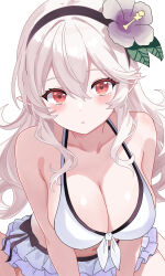 1girl absurdres bare_shoulders bikini bikini_skirt black_hairband blush breasts cleavage female_corrin_(fire_emblem) female_corrin_(novice_vacationer)_(fire_emblem) fire_emblem fire_emblem_fates fire_emblem_heroes flower front-tie_bikini_top front-tie_top grey_hair hair_between_eyes hair_flower hair_ornament hairband halterneck highres kneeling large_breasts leaning_forward long_hair looking_at_viewer n_54 navel nintendo official_alternate_costume parted_lips pointy_ears red_eyes solo swimsuit white_bikini