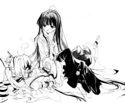 2girls absurdly_long_hair black_hair blood blood_on_face blush bound bound_wrists bow closed_mouth frills fujiwara_no_mokou gagged hair_bow hair_ribbon highres houraisan_kaguya long_hair looking_at_another lying monochrome multiple_girls on_back open_mouth pants ribbon sesmkun shirt sitting sitting_on_person sketch skirt smile touhou very_long_hair white_background white_hair white_shirt