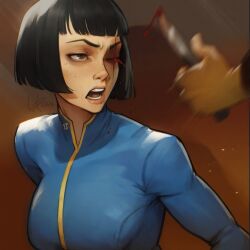 1girl 1other 2024 black_hair blood blue_bodysuit blunt_bangs blunt_ends bob_cut bodysuit brown_background brown_eyes commentary cuts english_commentary eye_injury fallout fallout_1 highres holding holding_knife injury knife looking_at_another one_eye_closed open_mouth short_hair signature sweat teeth upper_body vankraut vault_dweller vault_suit