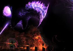 absurdres at_field atomic_breath attack bioluminescence breath_weapon building city creator_connection crossover destruction duel embers energy energy_barrier energy_beam energy_shield eva_01 evangelion_(mecha) explosion feet_out_of_frame fire fusion gainax giant giant_monster glowing glowing_eyes glowing_mouth godzilla godzilla_(series) godzilla_(shin) highres horns kaiju kawayabug lava mecha monster mouth_beam neon_genesis_evangelion night no_humans outdoors plasma plasma_beam robot science_fiction sharp_teeth shin_godzilla single_horn skyscraper smoke teeth toho