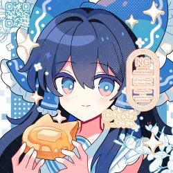 1girl alternate_color bare_shoulders blue_background blue_bow blue_eyes blue_hair blue_shirt blush bow butter closed_mouth collared_shirt commentary food frilled_bow frilled_hair_tubes frilled_shirt_collar frills hair_between_eyes hair_bow hair_tubes hakurei_reimu highres holding holding_food long_hair looking_at_viewer pancake portrait qr_code shirocha_tei shirt sidelocks sleeveless sleeveless_shirt smile solo sparkle symbol-only_commentary syrup touhou twitter_username watermark