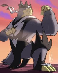 absurdres alolan_boy black_eyes black_fur clenched_hands closed_mouth cloud commentary_request from_below gen_8_pokemon highres legendary_pokemon nintendo outdoors pokemon pokemon_(creature) signature sky solo spanish_commentary squatting twilight urshifu urshifu_(single)