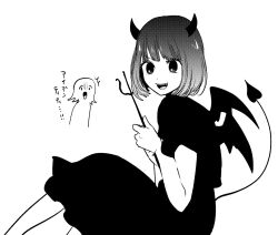 Rule 34 | 2girls, ^^^, arima kana, bob cut, commentary request, demon girl, demon horns, demon tail, demon wings, flipped hair, from side, gloom (expression), greyscale, highres, holding polearm, horns, knees up, looking at another, looking to the side, mem-cho, monochrome, multiple girls, open mouth, oshi no ko, polearm, short hair, simple background, sitting, smile, tail, teeth, translation request, trident, upper teeth only, w arms, weapon, white background, wings, yokoyari mengo