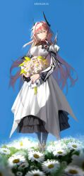 1girl absurdres arknights black_dress black_horns black_pantyhose blue_sky bouquet breasts chinese_commentary cleavage cleavage_cutout closed_mouth clothing_cutout commentary_request copyright_name day dress flower full_body hair_between_eyes hair_intakes highres holding holding_bouquet horns large_breasts long_hair long_sleeves looking_at_viewer outdoors pantyhose pink_hair red_eyes sky solo standing sunlight theresa_(arknights) turtleneck turtleneck_dress very_long_hair white_dress white_flower zaoqi_zou_ye_lu