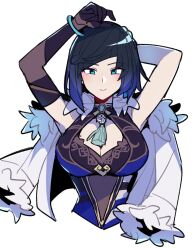 1girl black_hair blue_hair bob_cut breasts cleavage diagonal_bangs dice do_m_kaeru earrings elbow_gloves fur_trim genshin_impact gloves green_eyes highres jacket jacket_on_shoulders jewelry large_breasts looking_at_viewer mole mole_on_breast multicolored_hair short_hair single_elbow_glove smile solo waist_cutout yelan_(genshin_impact)