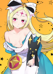 1girl absurdres apron areola_slip artist_name arusuko bare_shoulders blonde_hair blue_dress bow breasts closed_mouth collarbone dress forehead hair_bow highres light_frown long_hair looking_at_viewer mahou_shoujo_ni_akogarete morino_korisu nero_alice off_shoulder parted_bangs red_eyes small_breasts solo twitter_username venalita very_long_hair white_apron white_bow