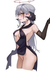 1girl bare_shoulders black_dress black_gloves black_horns breasts clothes_lift commission covered_erect_nipples cowboy_shot cropped_legs curled_horns dress dress_lift elbow_gloves evening_gown from_side gloves grey_hair halo hand_up highres horns long_hair looking_back low_horns medium_breasts mole mole_under_eye no_bra no_panties original profile quandaiyaojiu short_dress solo yellow_eyes